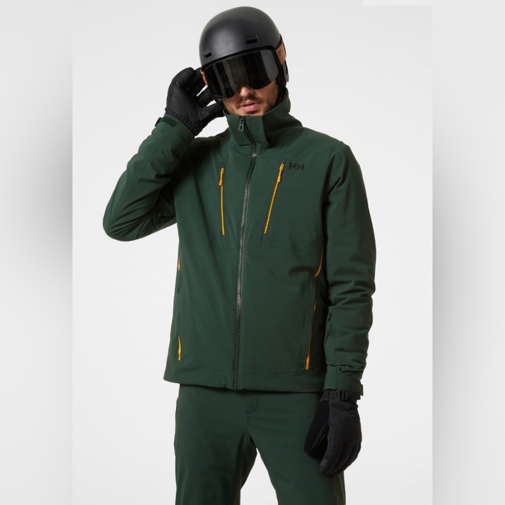 Helly Hansen Men's Dark Green Ski Jacket with Yellow Accents